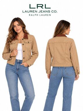 Lauren Ralph Lauren Tan Trucker Jacket Leather Collar Khaki Stretch Denim Med